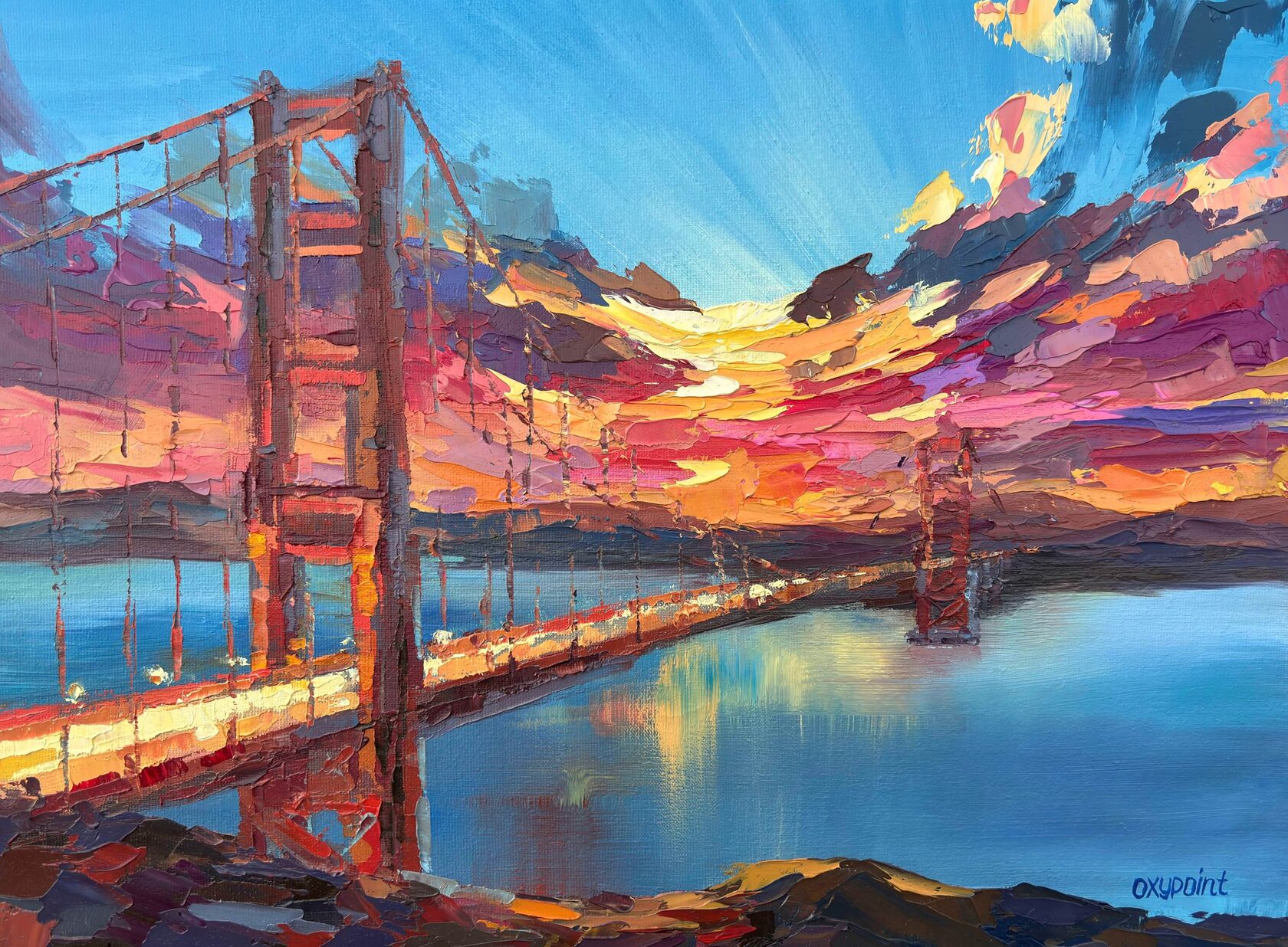 Golden Gate Bridge oil painting, San Francisco abstract art, knife painting, artist OXYPOINT Oxana Kravtsova, painting for sale 