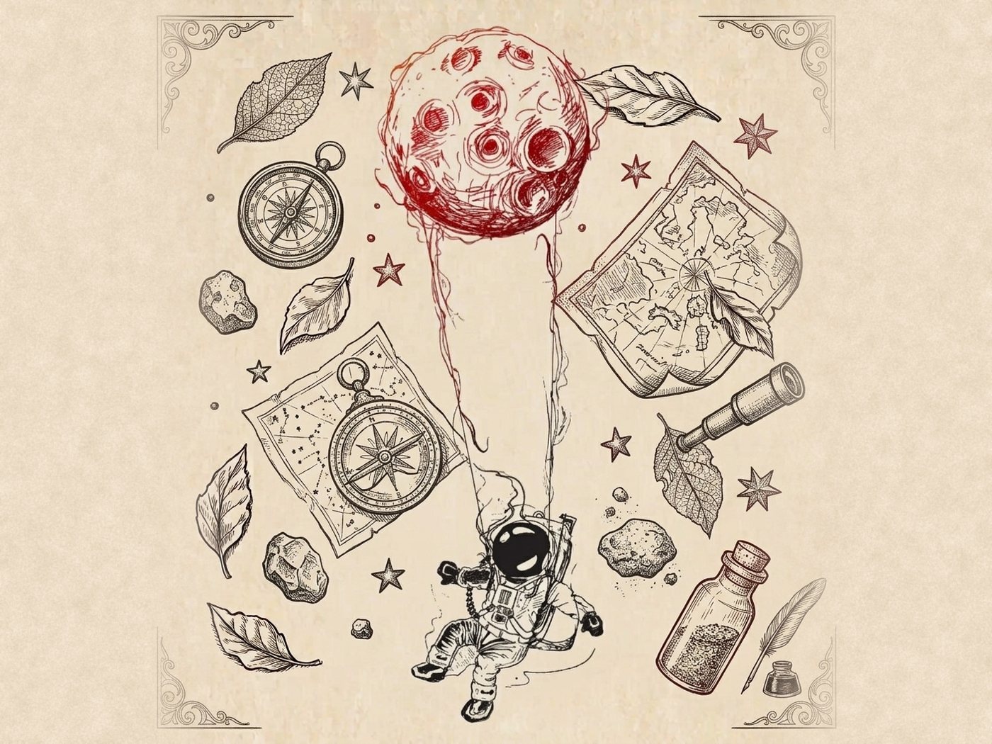 Engraving of an astronaut floating among maps and a compass