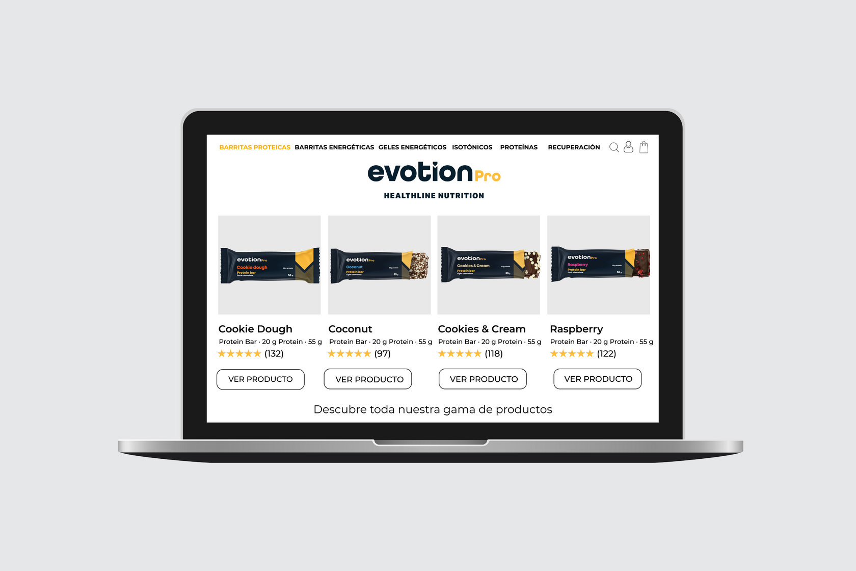 Diseño de tienda online de nutrición deportiva con catálogo de barritas proteicas Evotion Pro en un portátil.