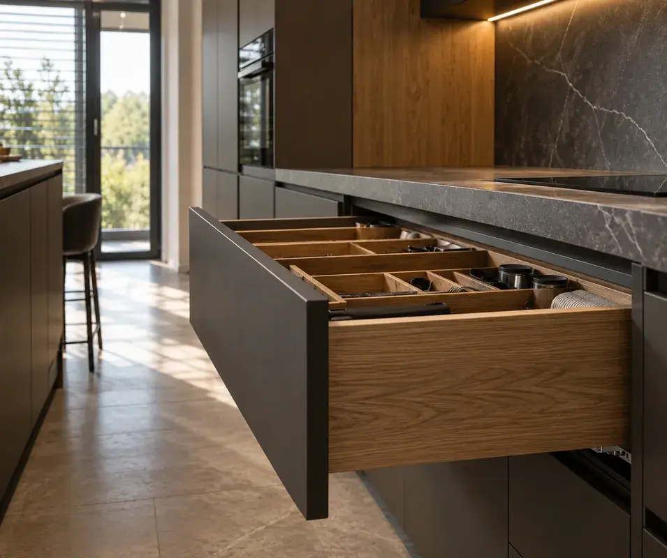 Materiale premium pentru mobilier — texturi de lemn, feronerie și sisteme de glisare