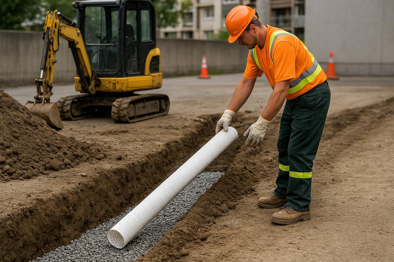 Работник изгражда дренажен канал с перфорирана тръба и чакъл като част от подготовката за асфалтиране — професионален дренаж в София