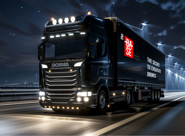 A truck in The Base Beverage livery loaded for distribution at night