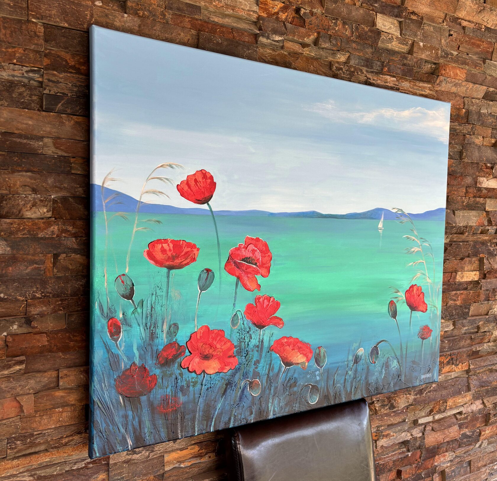 Acrylic painting Poppy, Poppies, White Sails, mixed media Turquoise Sea, large wall art for sale, buy art from artist, buy original paintings, Sea boats, seascape, stones in the sea, painting for sale Oxana Kravtsova Oxypoint