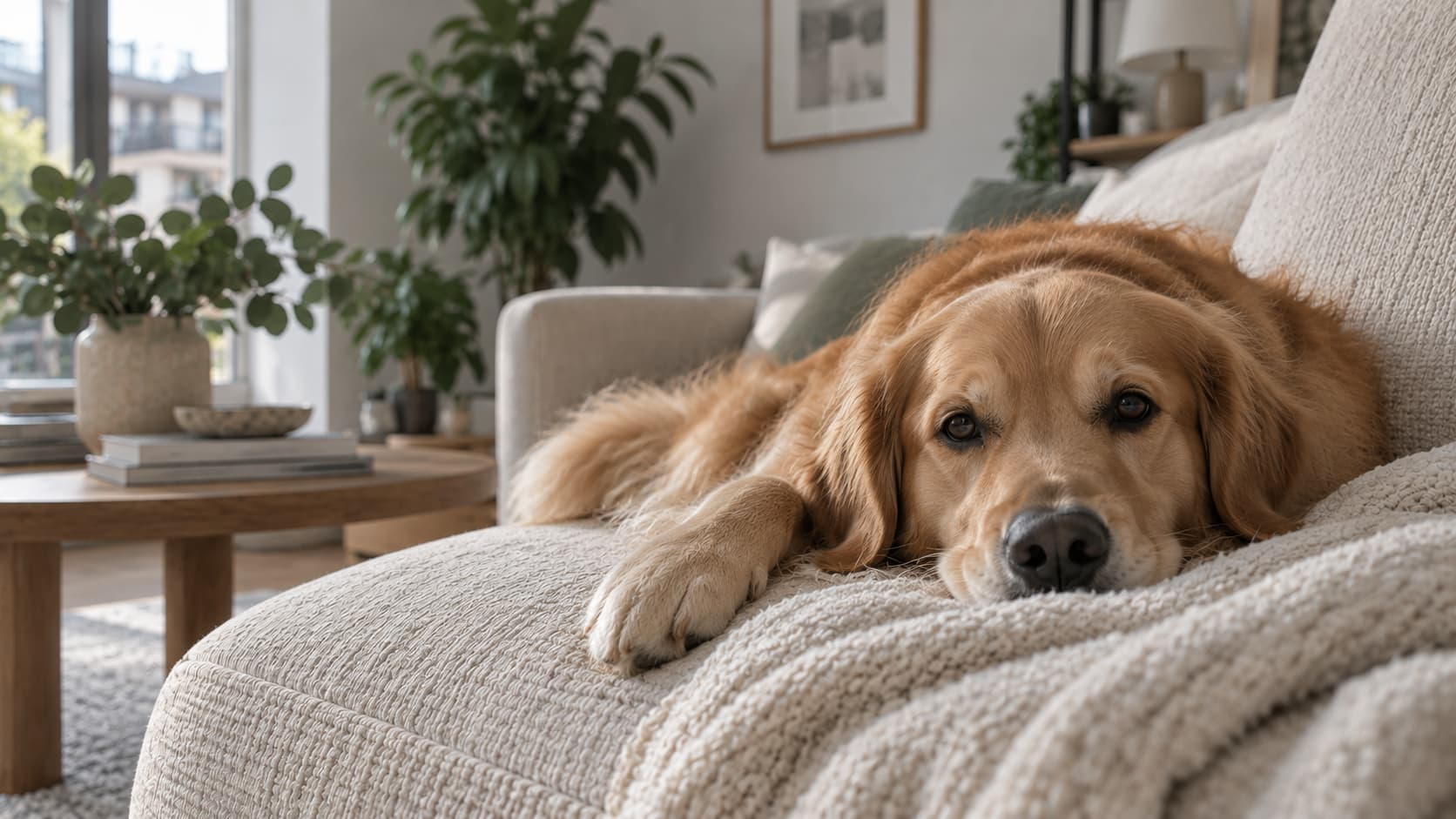 Golden Retriever auf einem hellen Sofa mit sichtbarer Polsterstruktur &ndash; regelm&auml;&szlig;ige Sofareinigung bei Shikardos hilft, Tierhaare, Verschmutzungen und Ger&uuml;che aus Polsterm&ouml;beln zu entfernen.