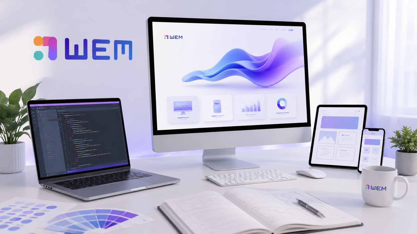 WEM responsive website displayed across desktop, laptop, tablet and mobile screens