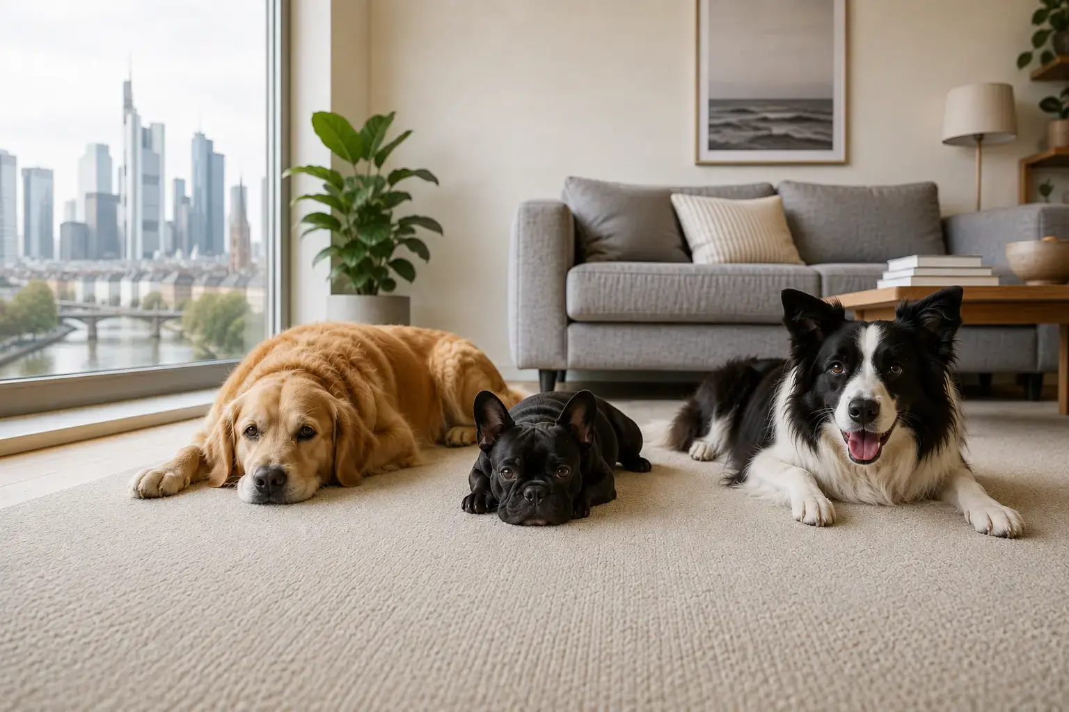 Drei Hunde liegen auf einem hellen Teppich in einem Wohnzimmer in Frankfurt – Hundegeruch aus dem Teppich entfernen