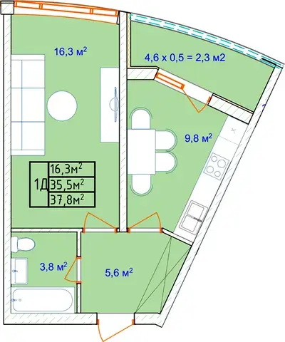 Планування 1-кімнатної квартири в ЖК Aqua Marine — варіант 5