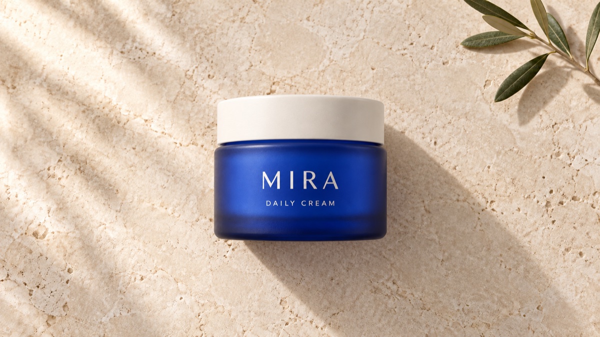 Top-down view of the fictional blue MIRA jar lying on its side, with the cream lid toward the top and the front label visible.