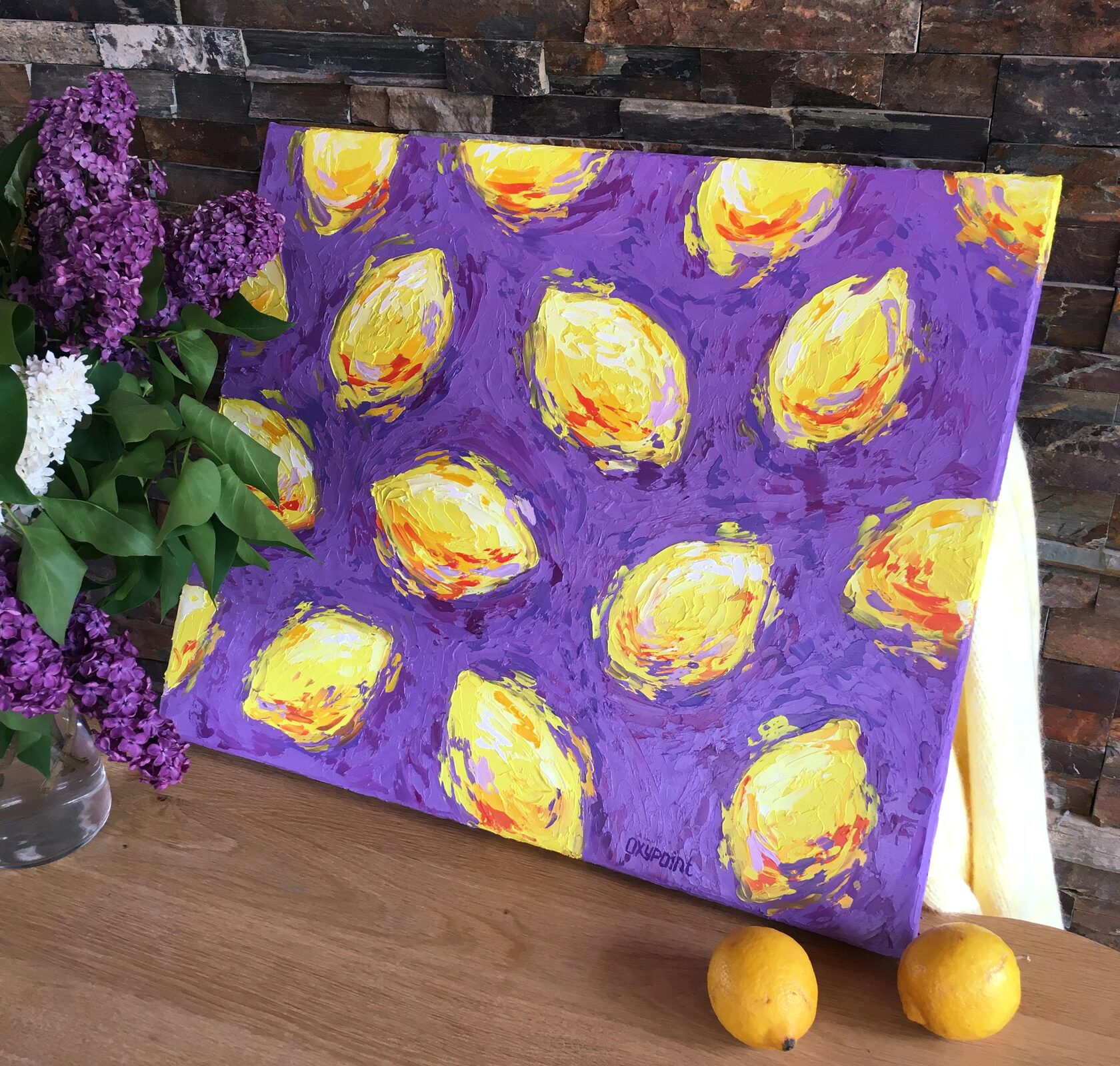 lemons oil painting, pop art, yellow and purple abstract art, lemon knife painting, artist OXYPOINT Oxana Kravtsova, painting for sale 