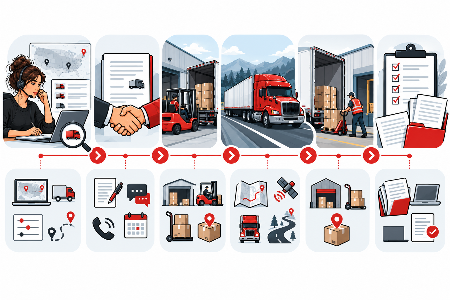 Shipment workflow with terminology categories attached to search, booking, pickup, transit, delivery and closeout