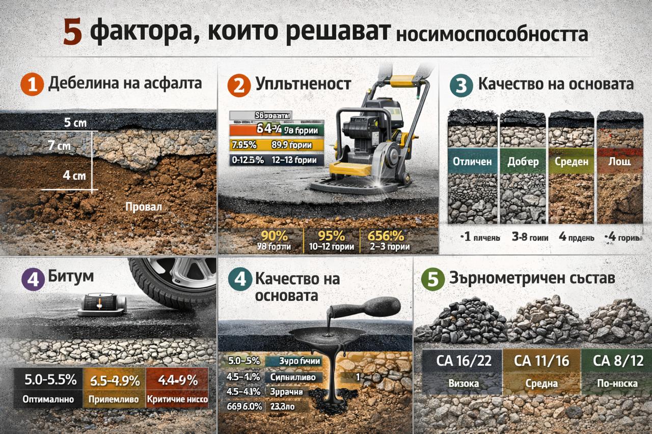 5 фактора, които влияят на носимоспособността на асфалта – дебелина, уплътненост, основа, битум и зърнометричен състав