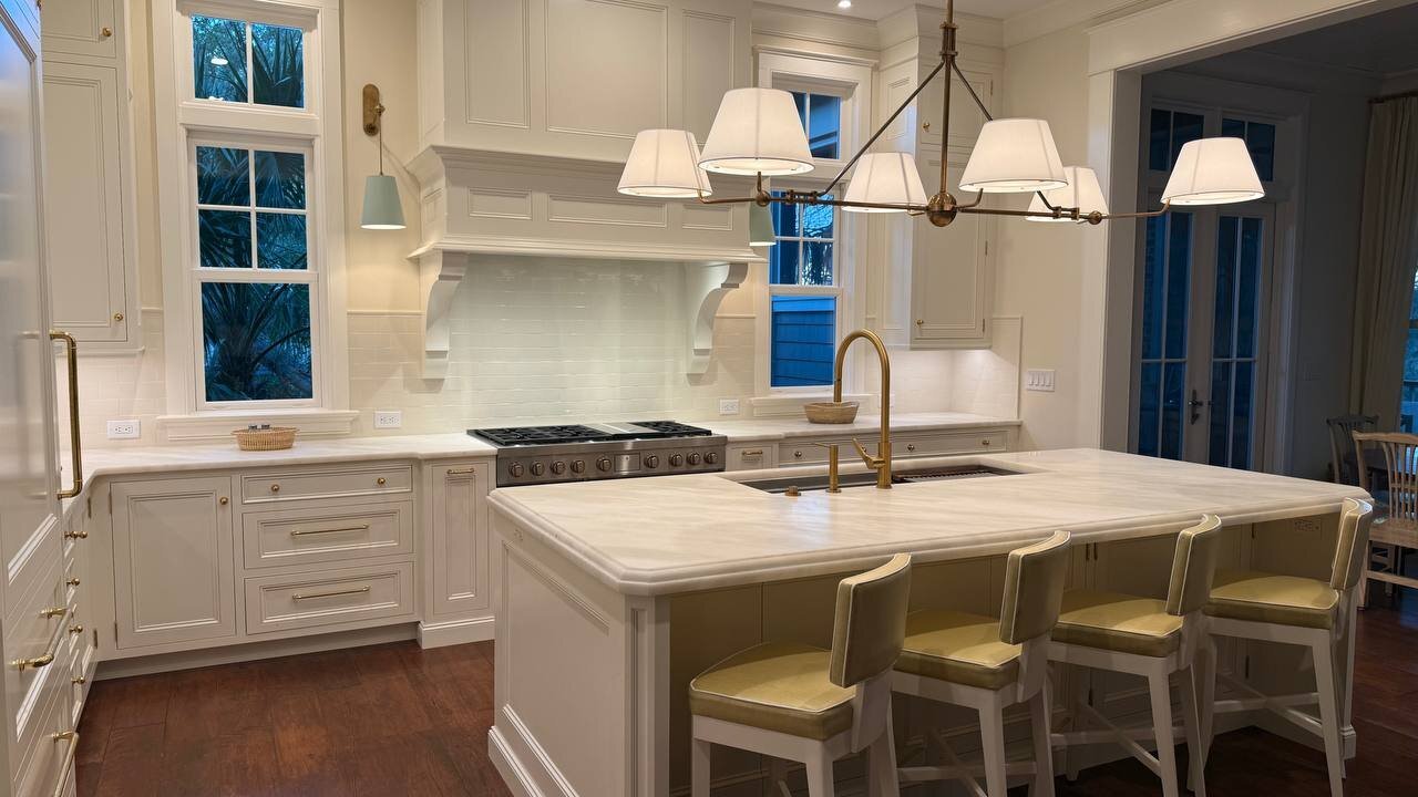 Fabrication and Installation of Classic White Kitchen Countertops with Matching Island and Integrated Sink