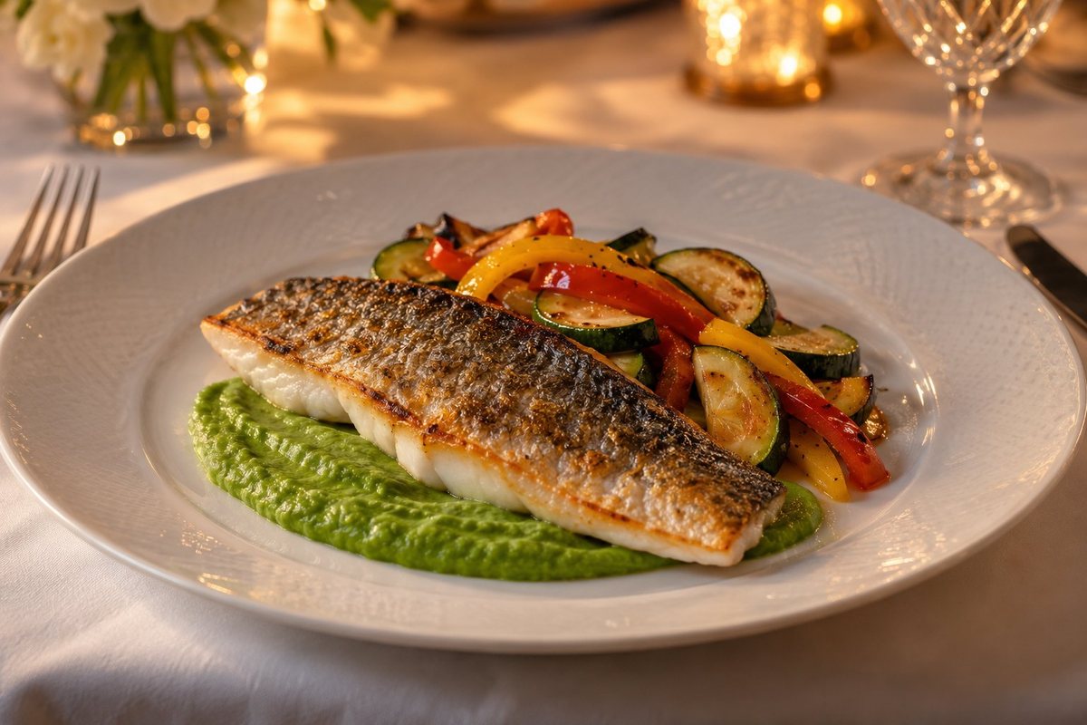 Illustration: branzino with sweet pea purée from an anniversary menu by private chef Marina Staver, Miami