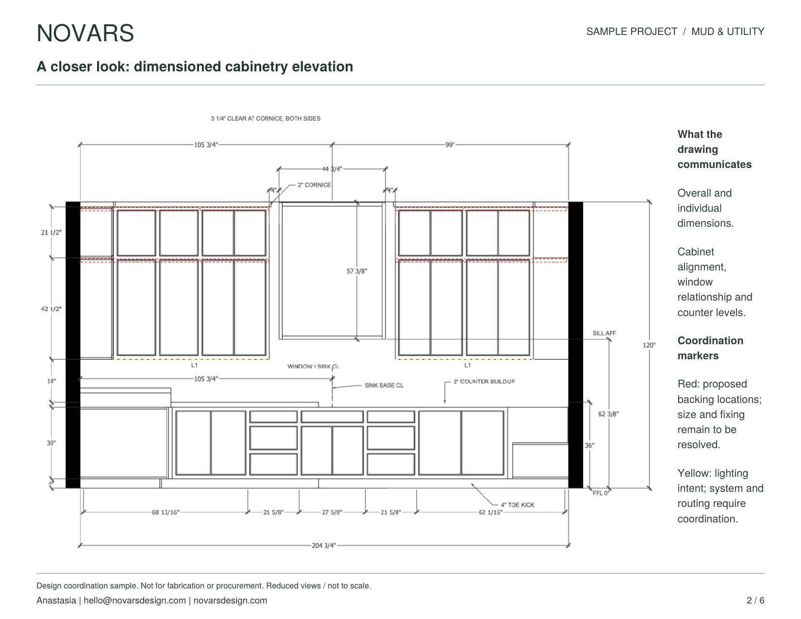 Dimensioned cabinetry elevation with coordination markers, window relationship and counter levels
