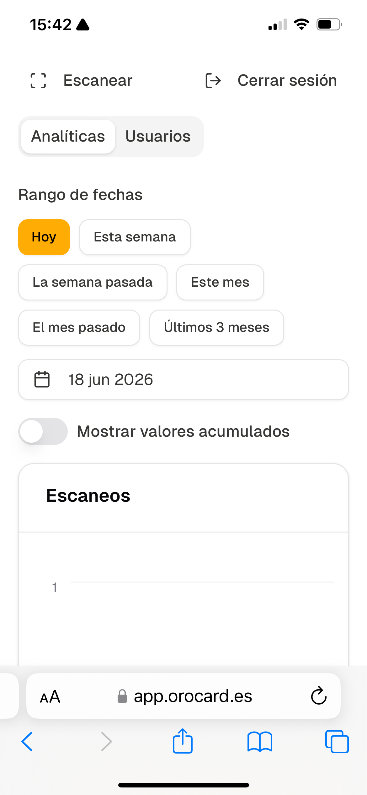 pantalla de analítica de tarjetas y sellos