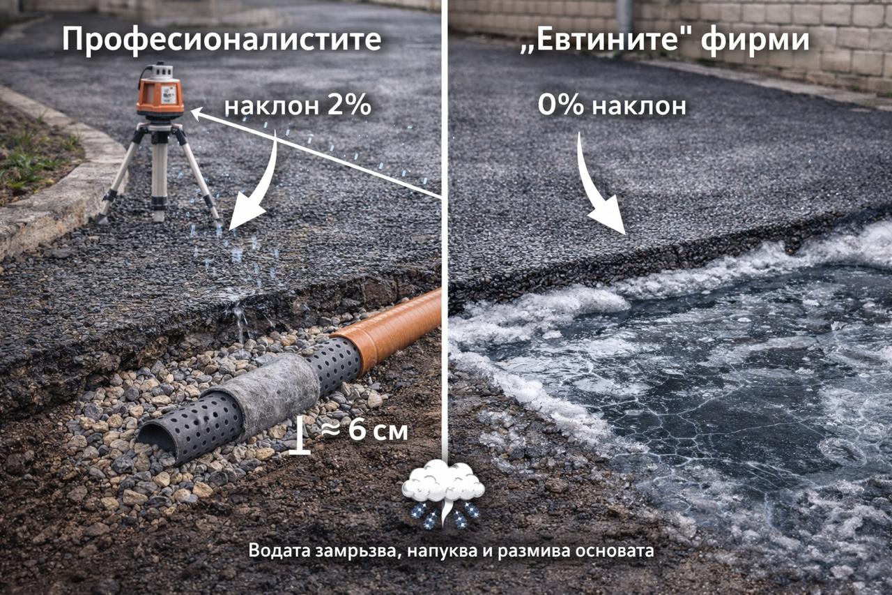 Правилен наклон при асфалтиране на двор – 2% падение към люк или улица за ефективен дренаж.