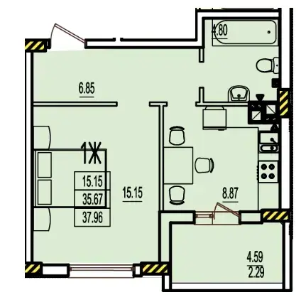 Планировка 1-комнатной квартиры в ЖК RosenTal площадью 35–49 м² — вариант 3