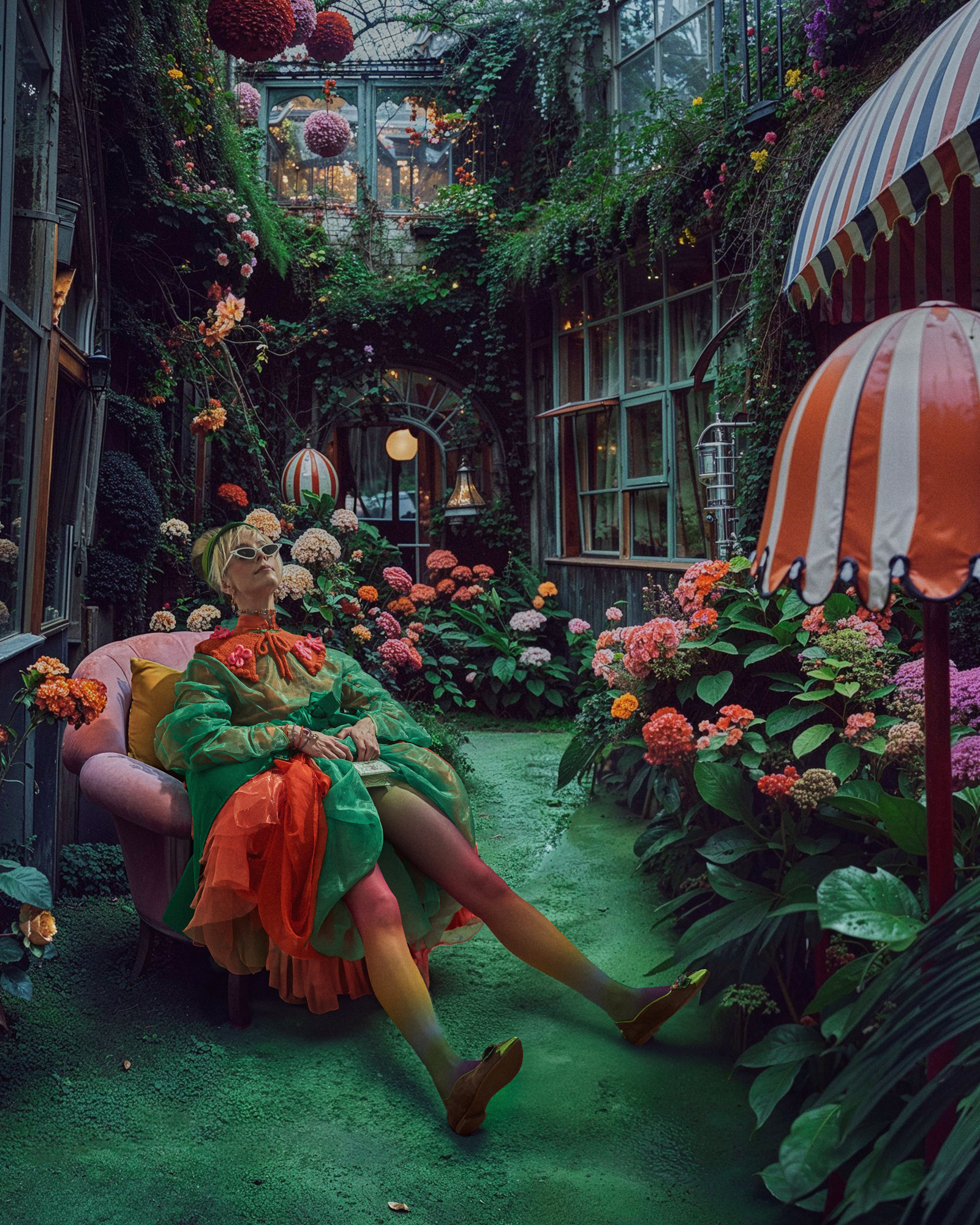 Poor Things fashion editorial in a surreal garden