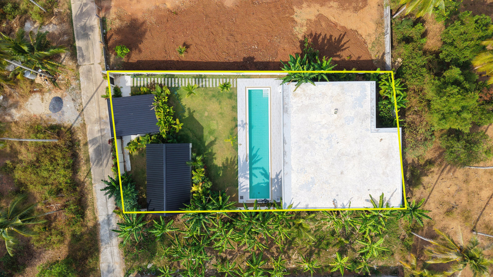 Aerial view showing the plot boundary, inland pool villa, Natai