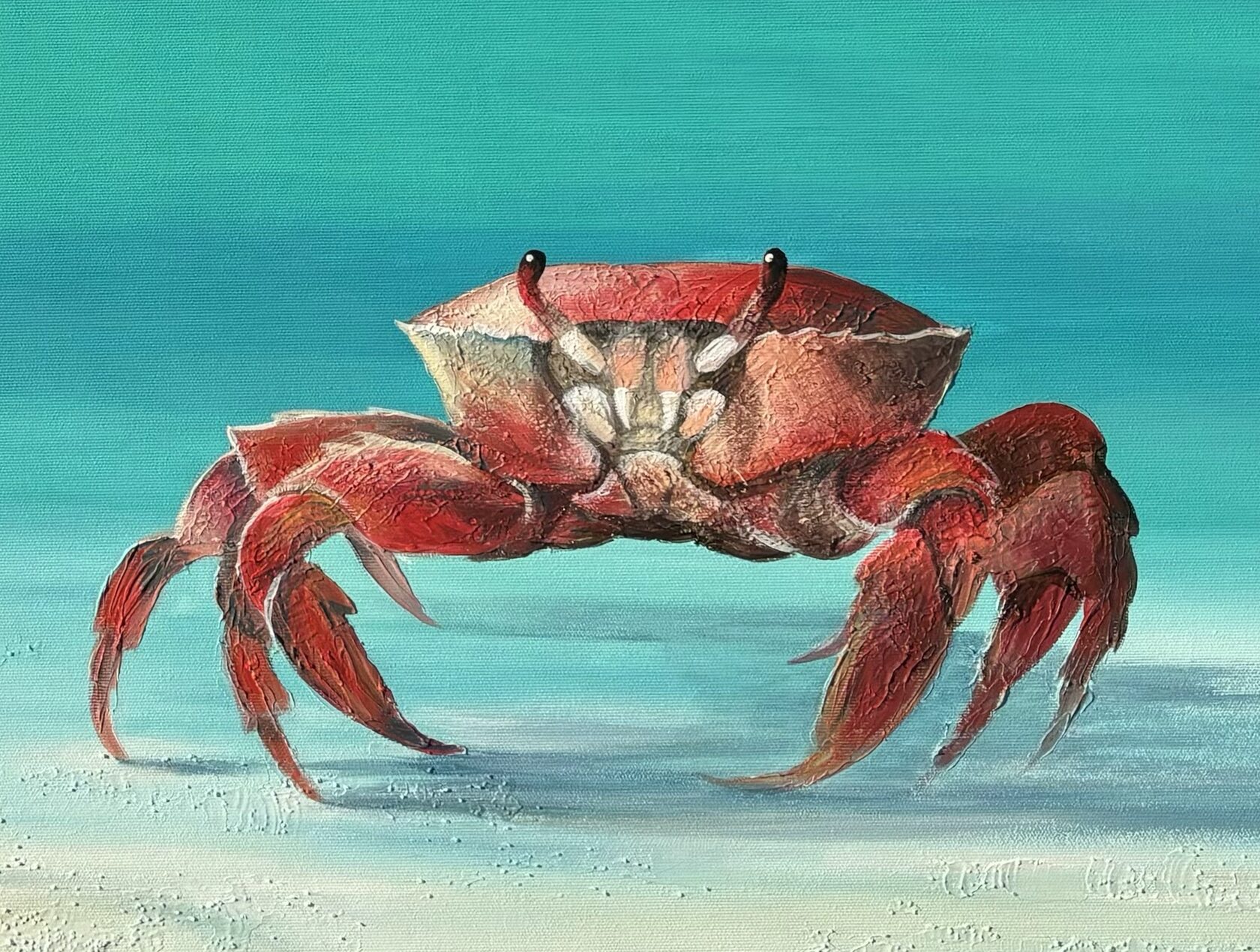 Acrylic painting crab, mixed media, sea sand texture, solitary crab, turquoise sea, waves, large wall art for sale, buy art from artist, buy original paintings, seascape, painting for sale Oxana Kravtsova Oxypoint