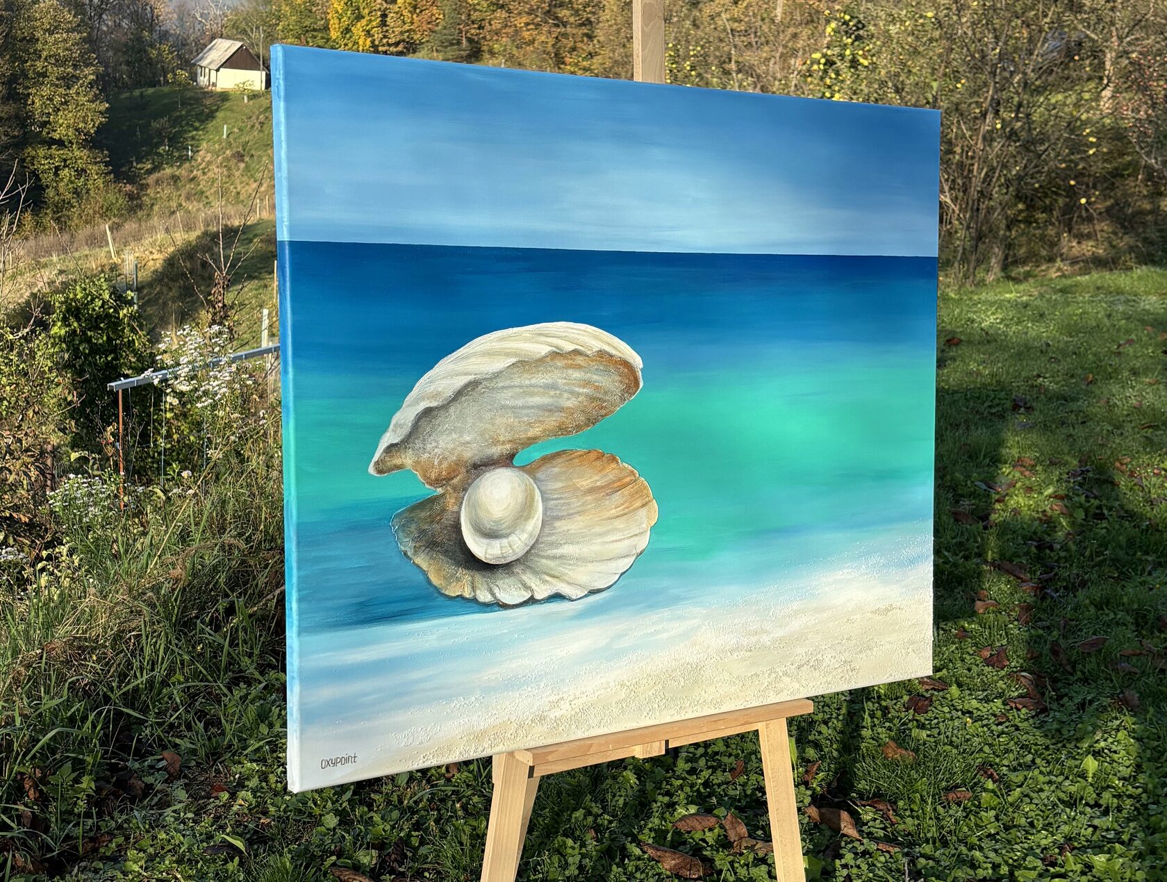 Acrylic painting pearl, mixed media, sea sand texture, open seashell, oceanic beauty, turquoise sea, waves, large wall art for sale, buy art from artist, buy original paintings, seascape, painting for sale Oxana Kravtsova Oxypoint