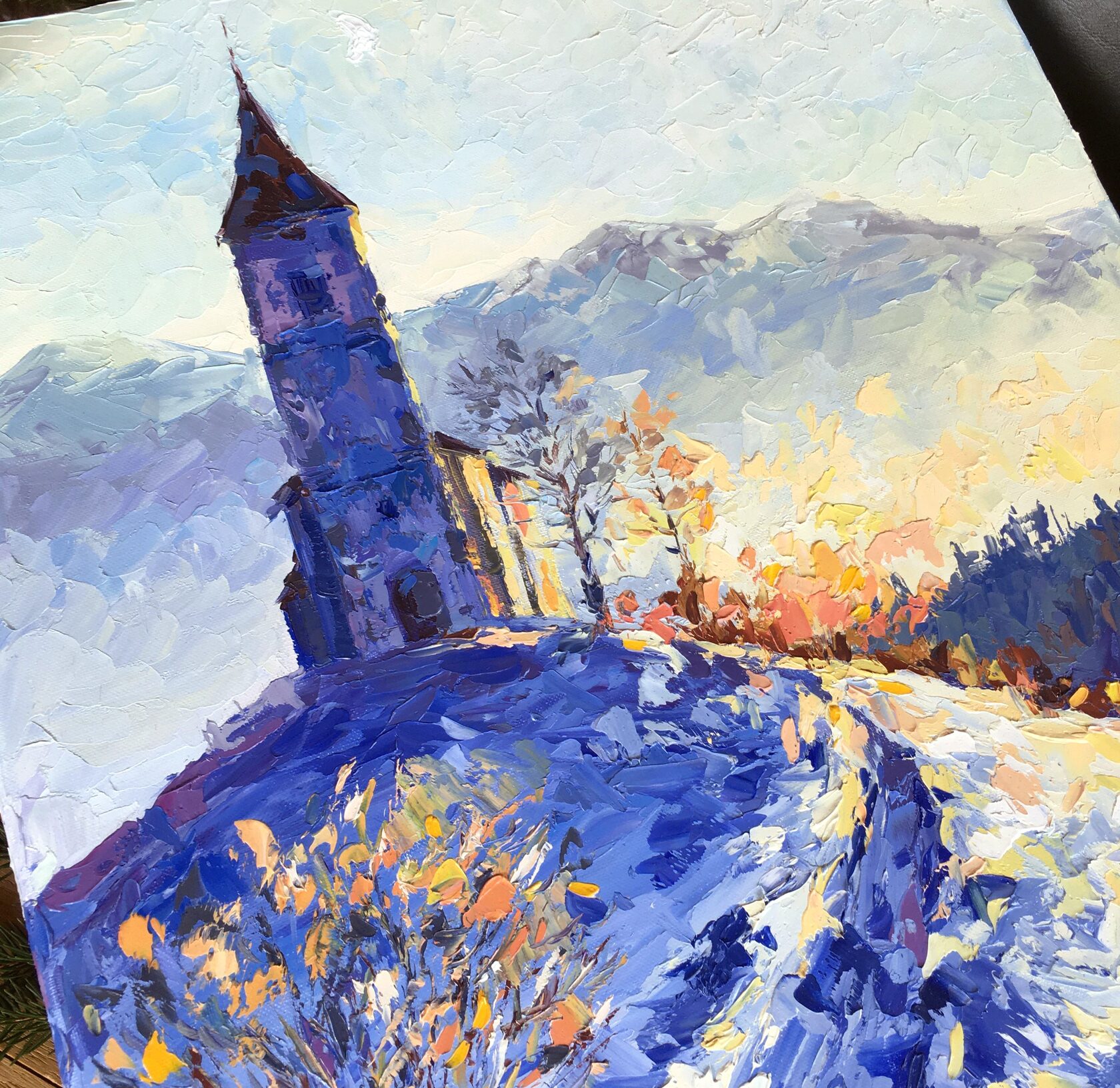 snow oil painting, Church of St. Primož and Felicijan, Jamnik, Slovenia art