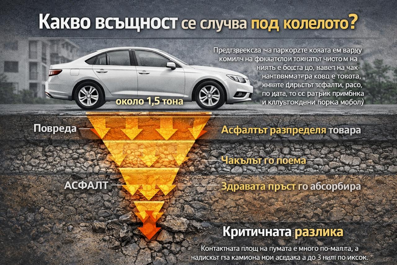Разпределение на натоварването под автомобил върху асфалт – схема на асфалтов слой, основа от чакъл и почва