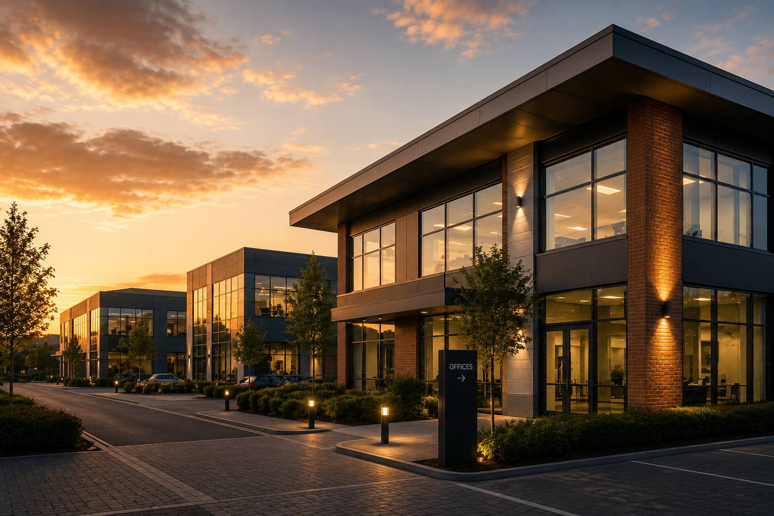 Modern commercial building protected by professional security systems