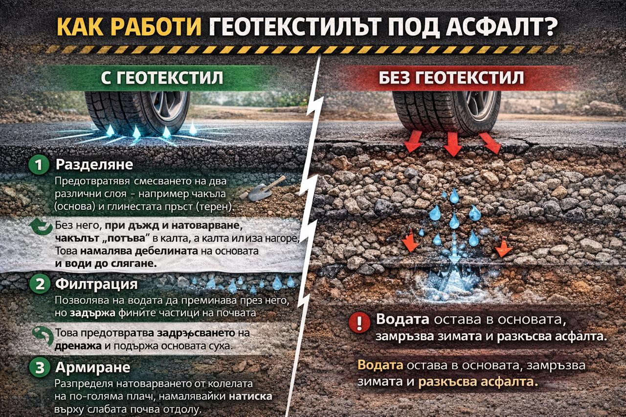 Схема на работа на геотекстил при асфалтиране