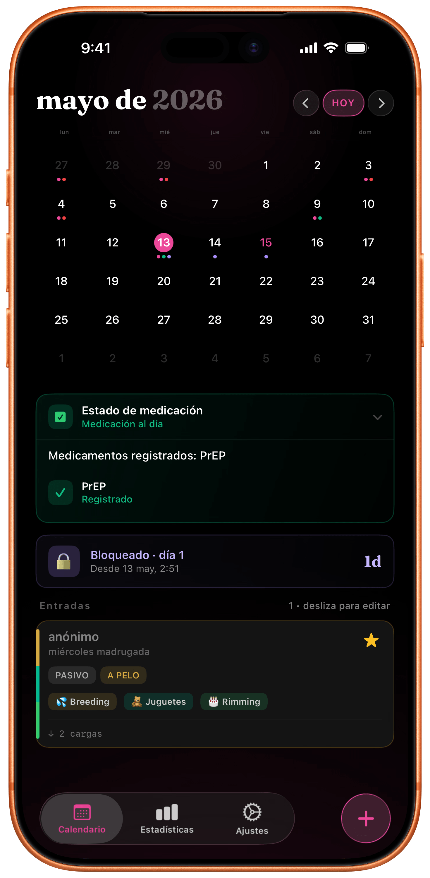 Pantalla principal de BodyCount Calendar
