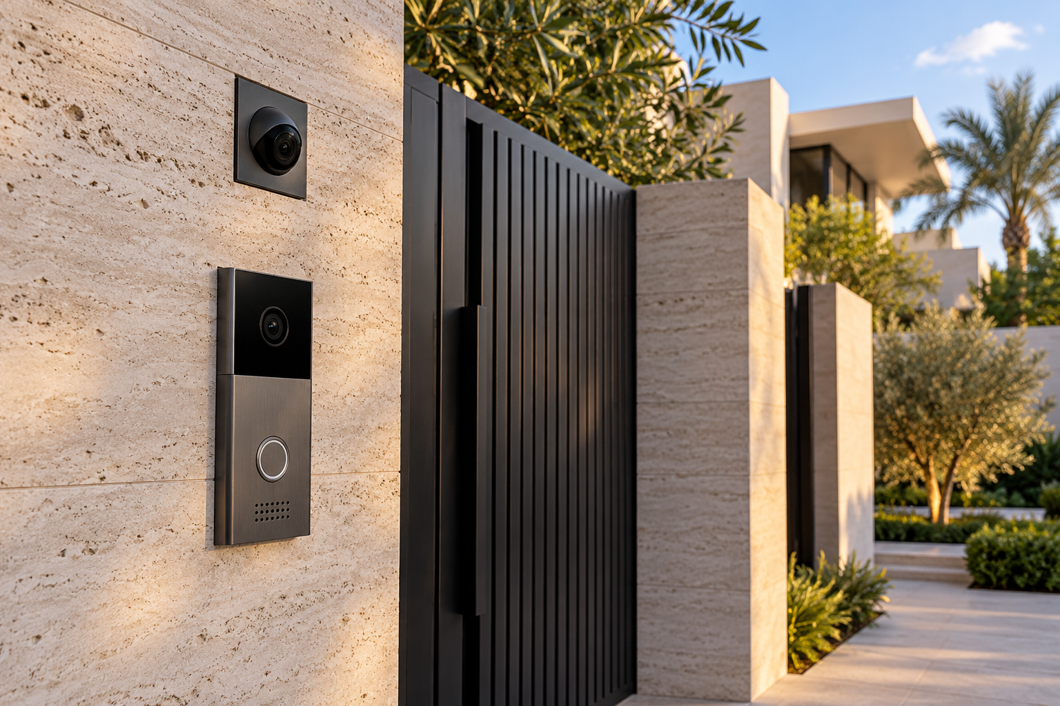 Discreet camera and video intercom at a contemporary villa entrance