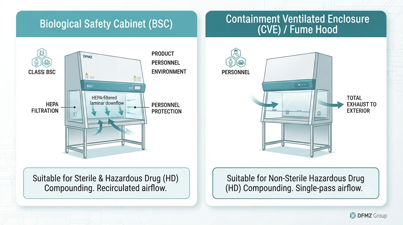 Technician in cleanroom garb performing surface disinfection of a biological safety cabinet