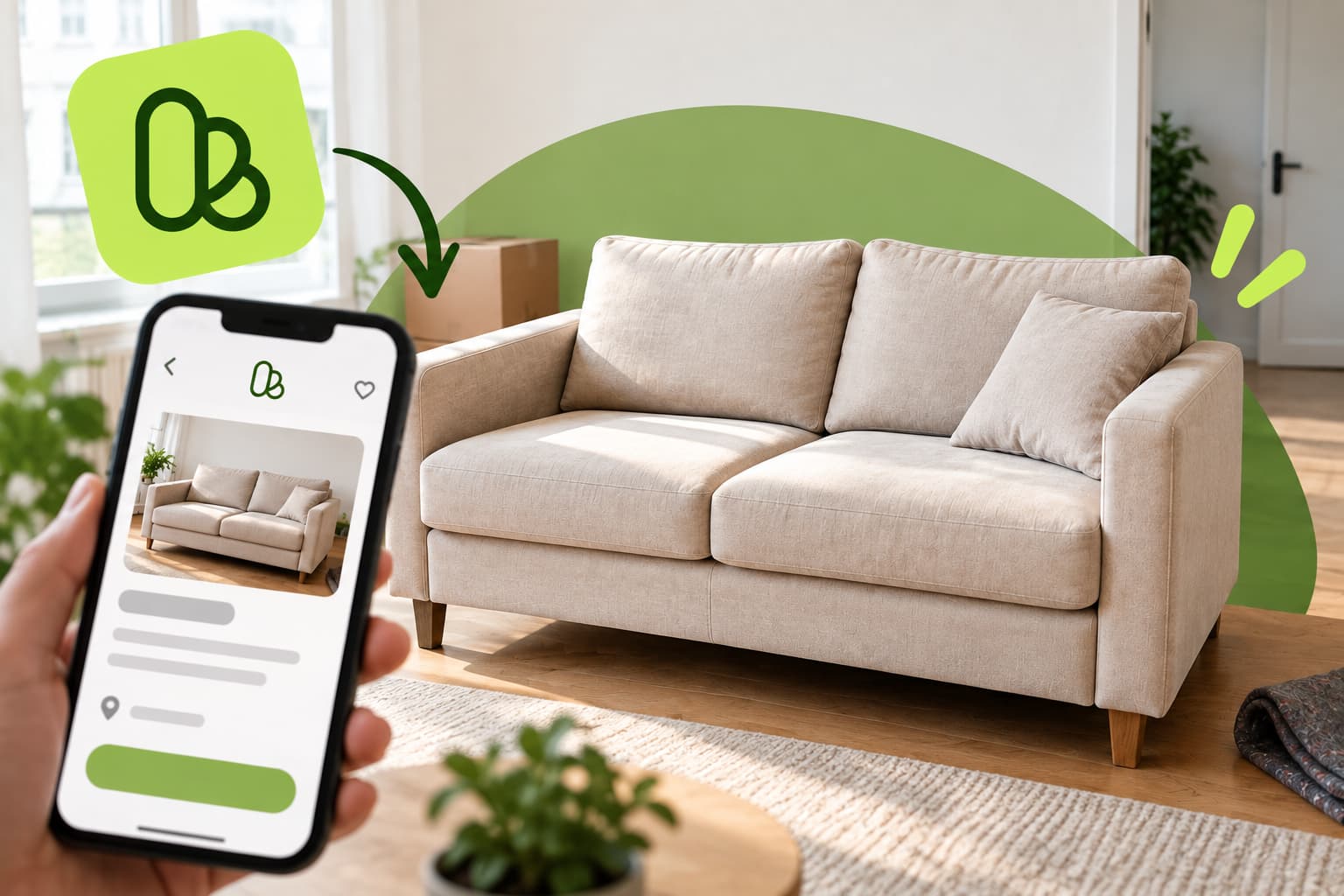 Gebrauchtes helles Sofa in einer leeren Wohnung neben einem Smartphone mit einer Kleinanzeige – gebrauchtes Sofa kaufen und reinigen lassen in Frankfurt