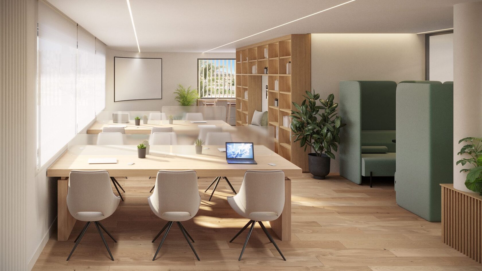 Coworking space with desks and quiet booths