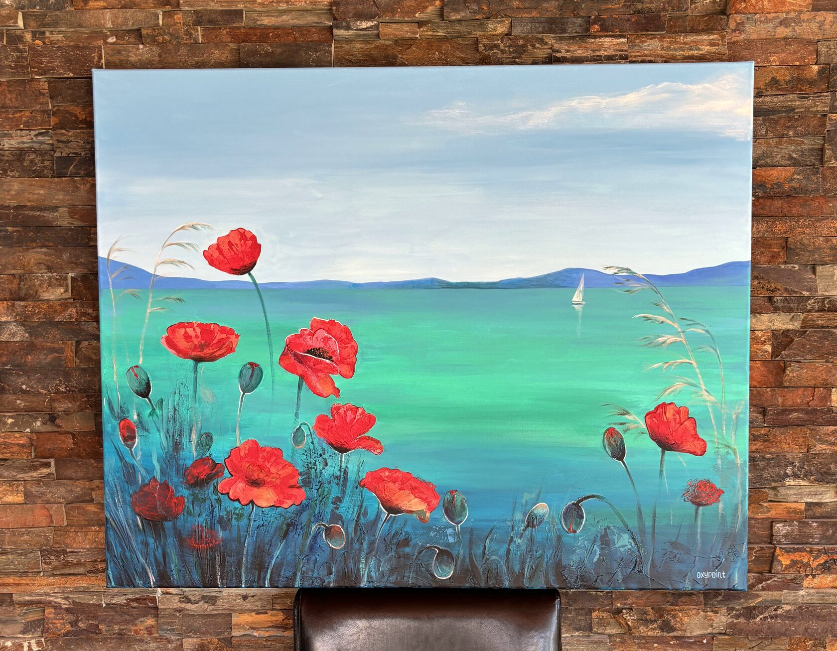 Acrylic painting Poppy, Poppies, White Sails, mixed media Turquoise Sea, large wall art for sale, buy art from artist, buy original paintings, Sea boats, seascape, stones in the sea, painting for sale Oxana Kravtsova Oxypoint