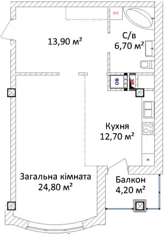 Планировка 1-комнатной квартиры в ЖК на Еврейском