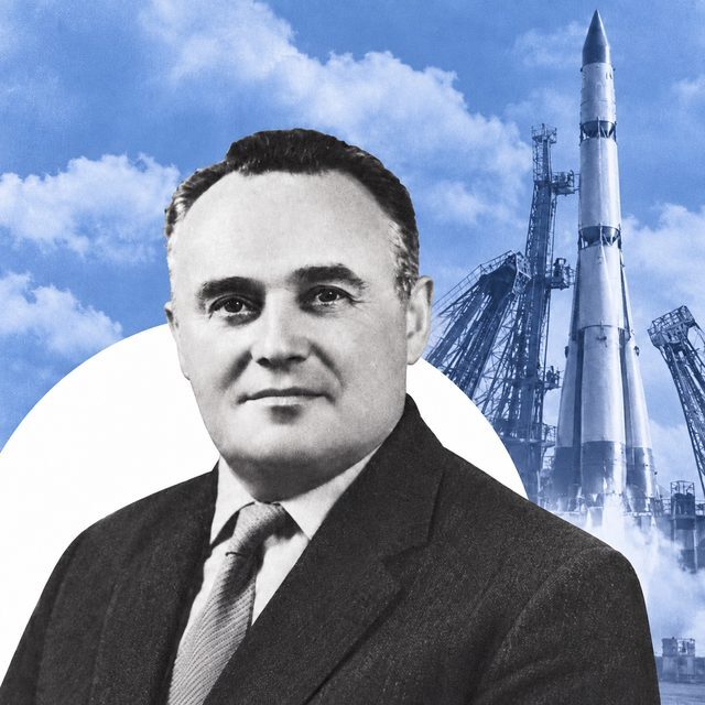 Sergei Korolev, chief designer of the Soviet space programme, with a rocket on the launch pad