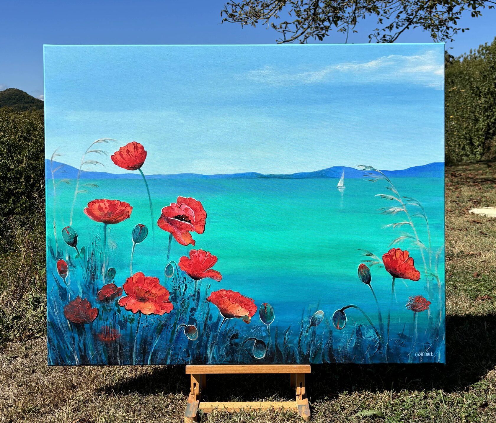 Acrylic painting Poppy, Poppies, White Sails, mixed media Turquoise Sea, large wall art for sale, buy art from artist, buy original paintings, Sea boats, seascape, stones in the sea, painting for sale Oxana Kravtsova Oxypoint