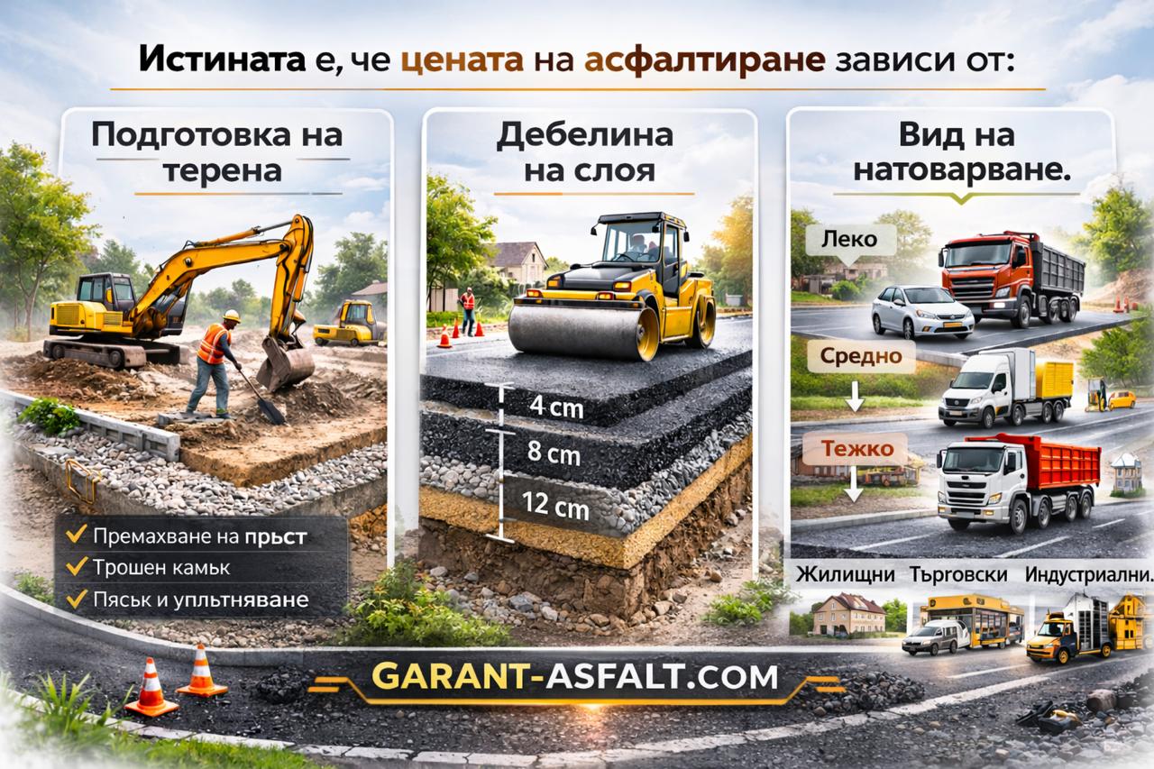Инфографика за асфалтиране цена в София – подготовка на терена, дебелина на слоя и вид покритие.
