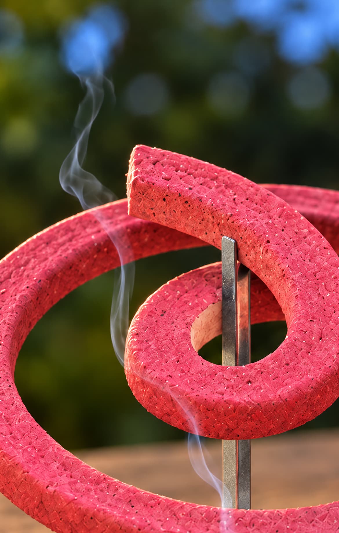 Lit pink mosquito coil outdoors