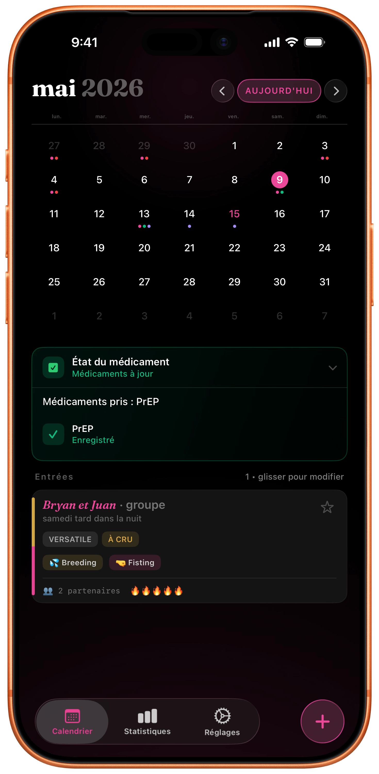 Écran d'accueil de BodyCount Calendar