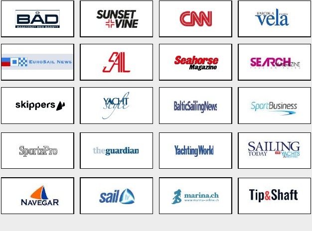 Media panel from the brochure, including CNN, Sunset+Vine, SAIL, Seahorse Magazine, Skippers, SportsPro, The Guardian, Yachting World, Sailing Today with Yachts & Yachting, and Tip & Shaft