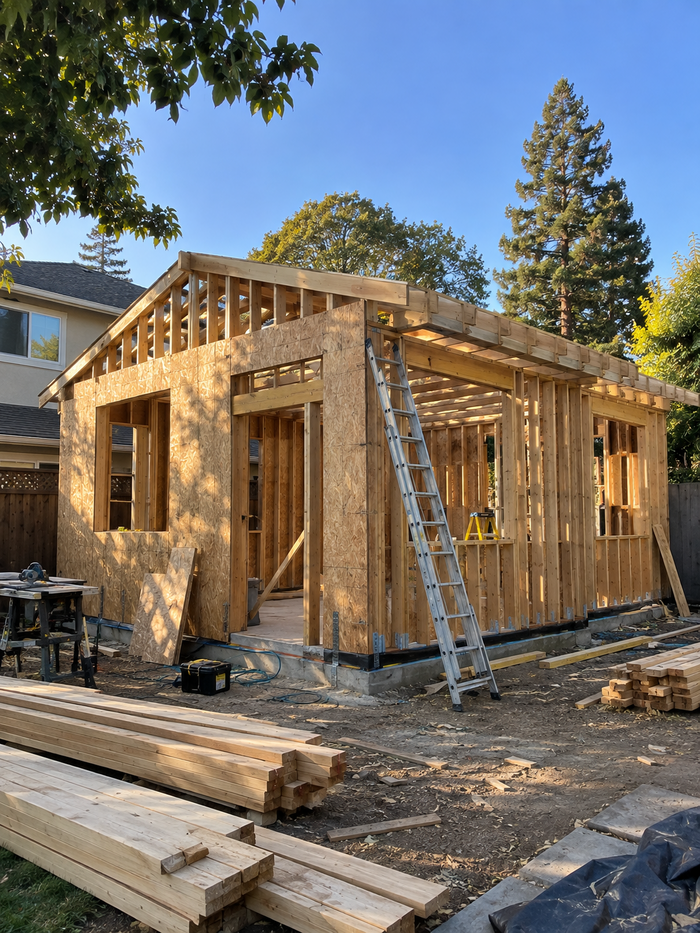 ADU or home addition construction in a Bay Area backyard