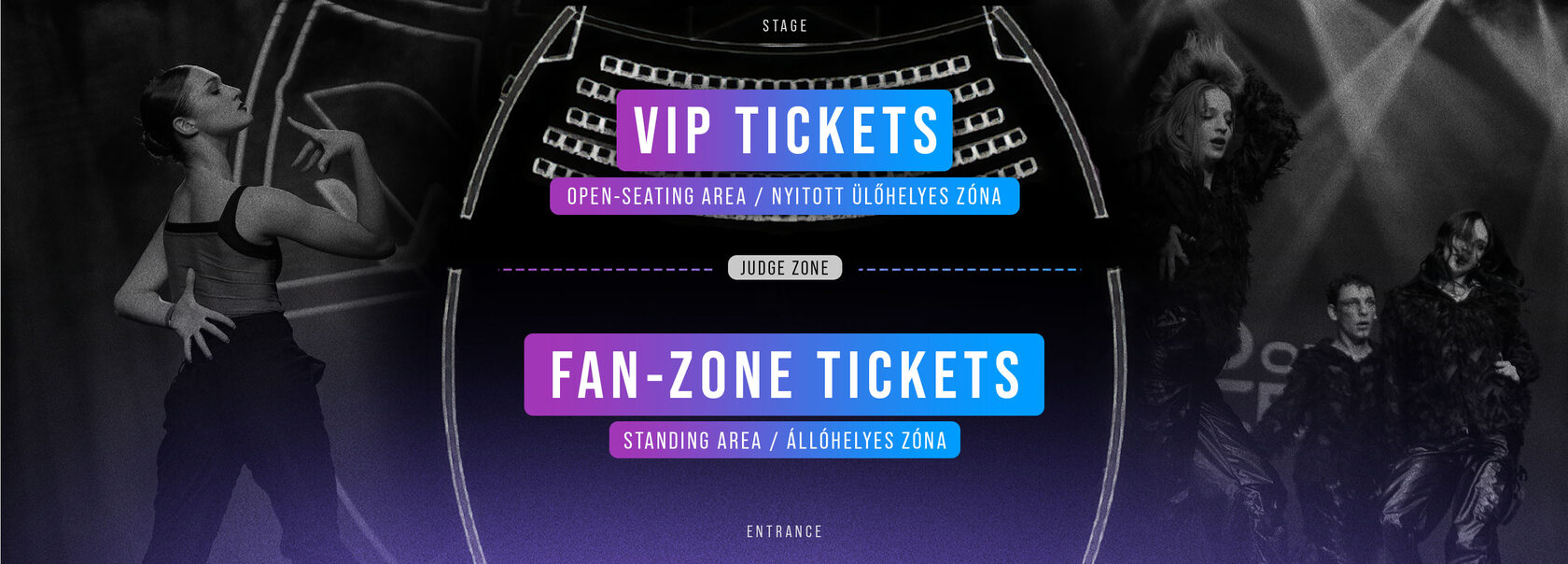 Hall layout: stage, VIP Zone (open seating), judge zone, Fan Zone (standing), entrance