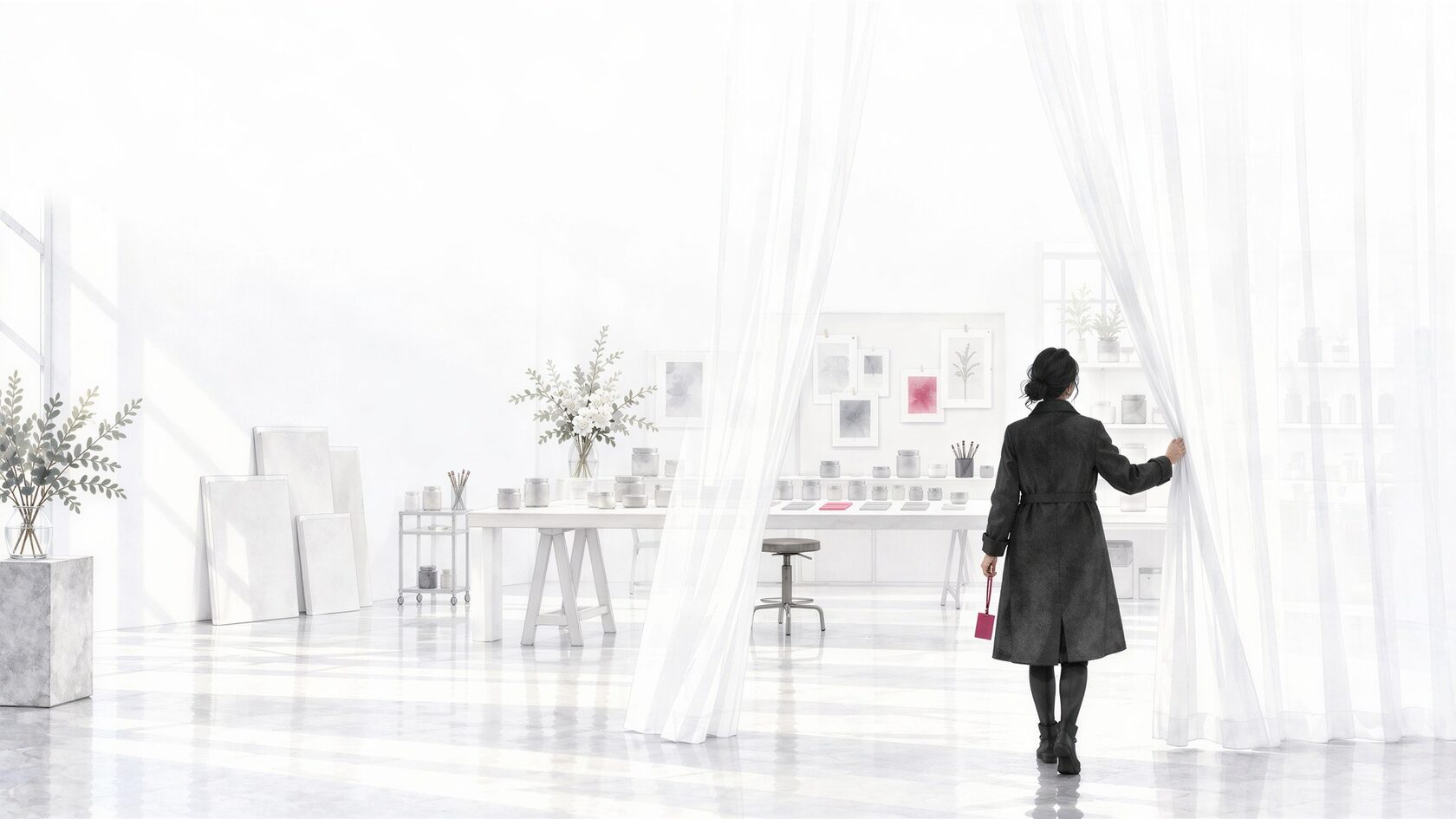 A woman in a dark coat draws back a sheer white curtain onto a bright studio with a long worktable, jars and product sketches, a small raspberry-coloured bag in her hand