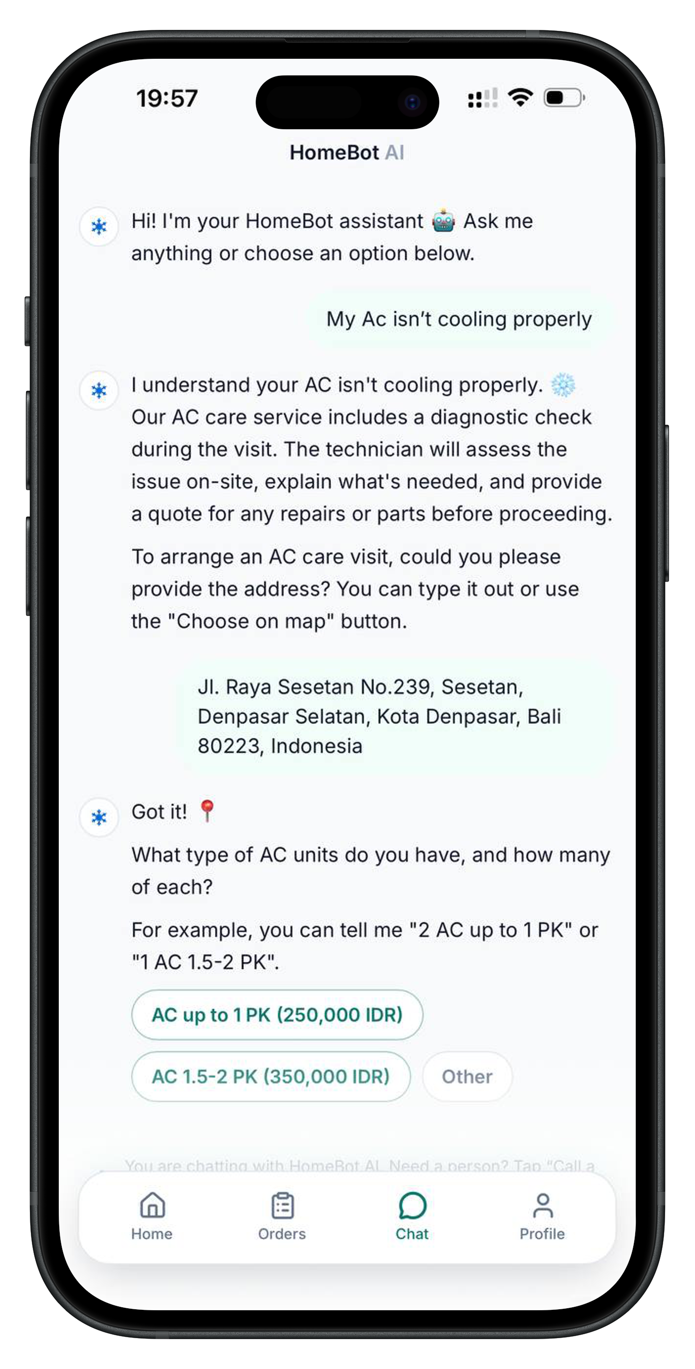 HomeBot app interface showing home services, cleaning, laundry, AC service, and more