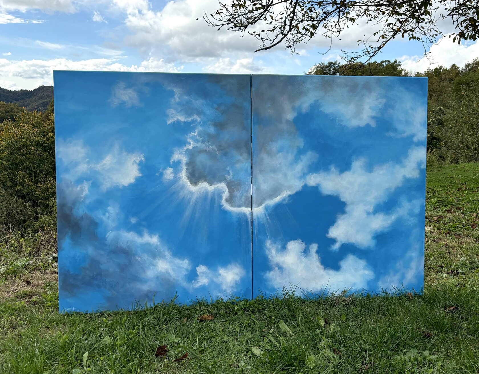 Acrylic painting White Clouds, Cloudscaps, Cloud, blue painting, diptych, large wall art for sale, buy art from artist, buy original paintings, painting for sale Oxana Kravtsova Oxypoint