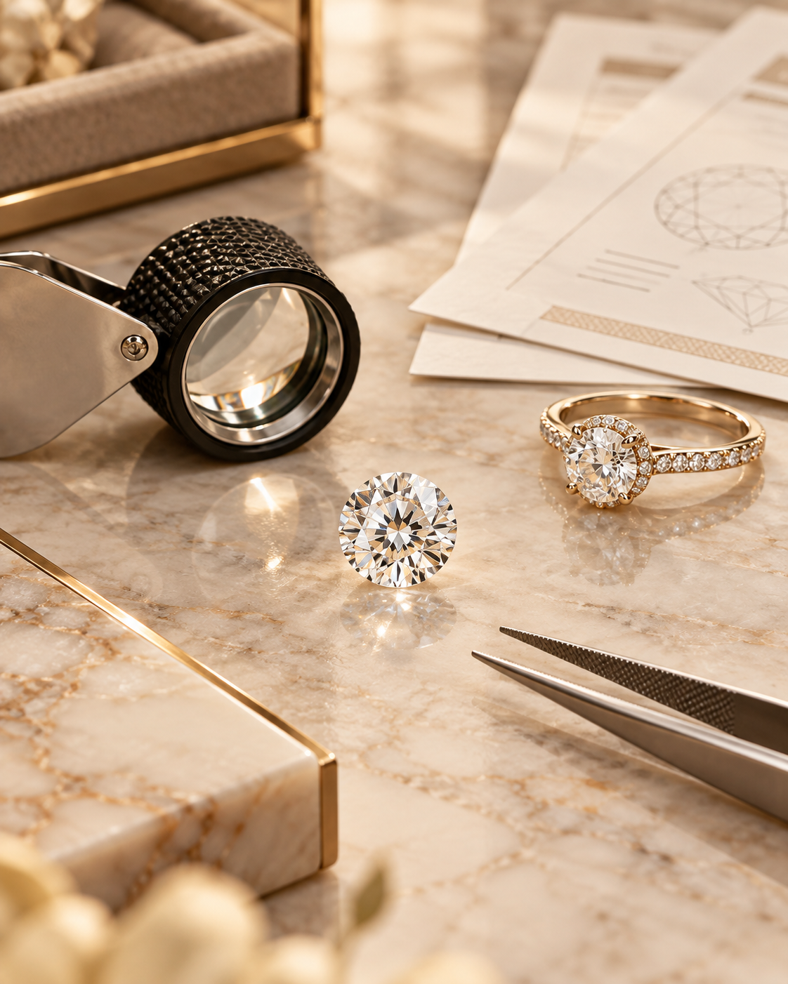 Loose diamond, diamond ring, loupe and grading documents prepared for evaluation without a certificate