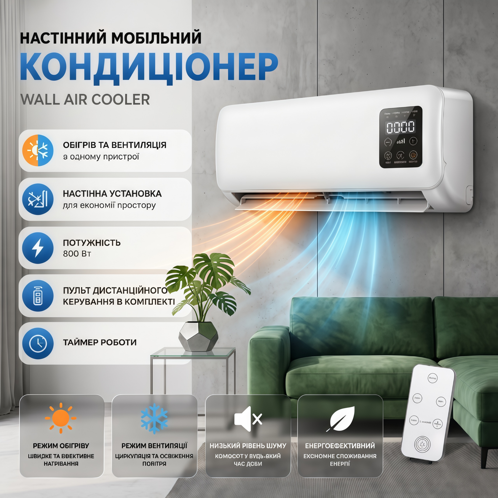Настінний мобільний кондиціонер 2-в-1: обігрів та вентиляція, потужність 2 кВт, пульт ДУ, таймер