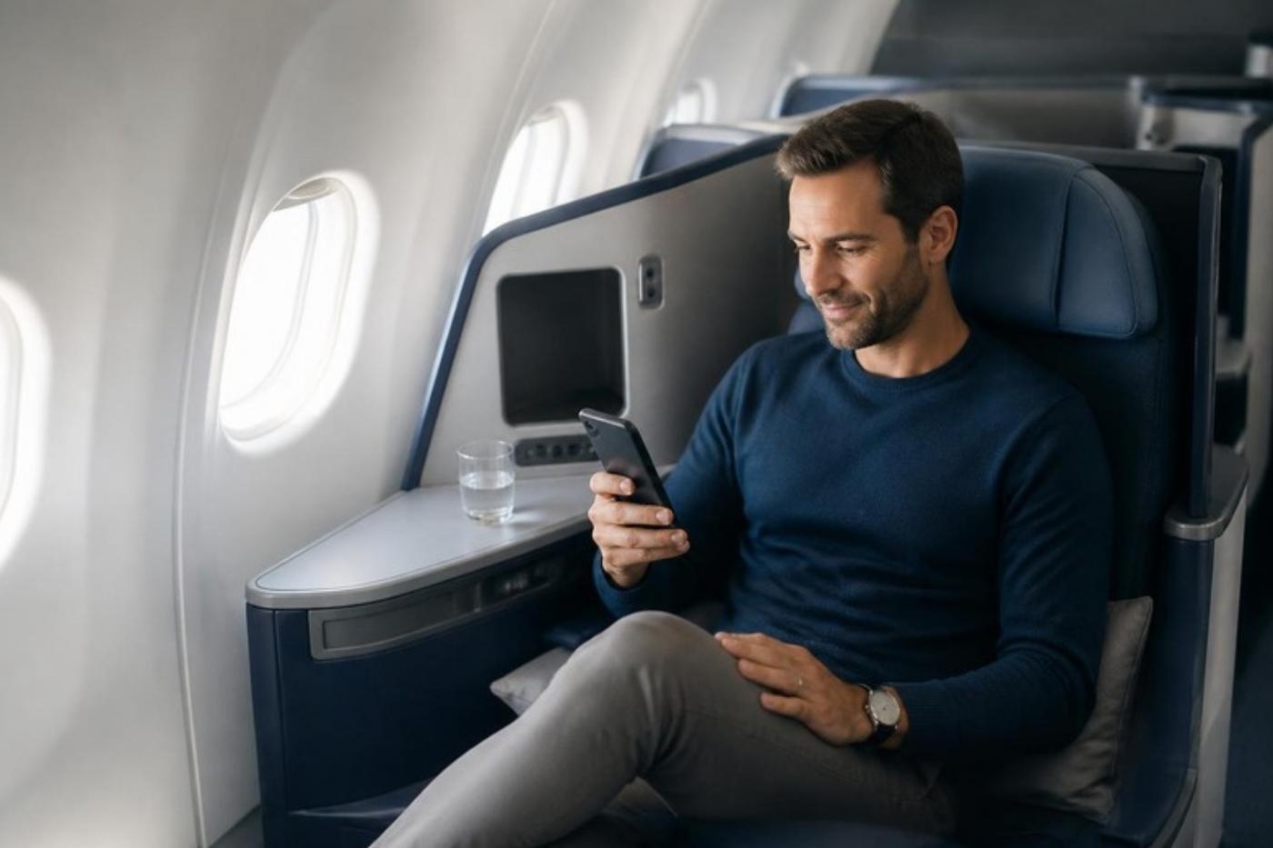 Traveler in a Business Class seat reviewing a flight itinerary on a phone